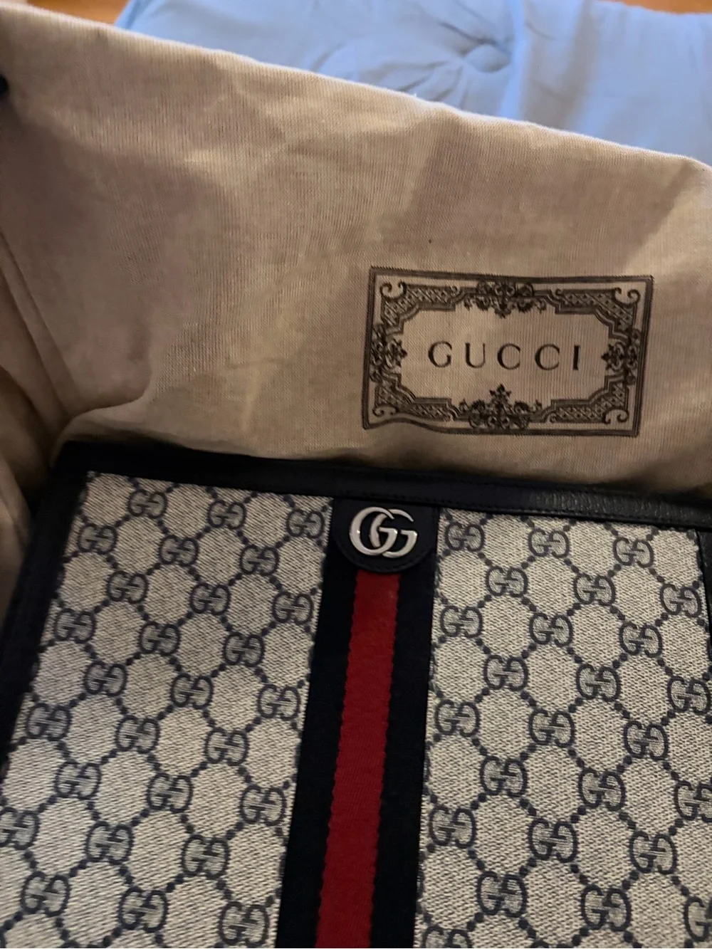 Gucci Beige GG Canvas Toiletry Pouch with Navy Trim and Red Stripe